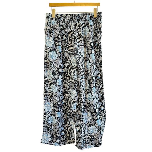 Tahari Pants - Tahari Linen Pants L Black Blue Floral Wide Leg Elastic Waist Resort Boho